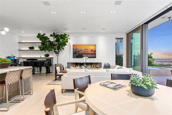 Dining room, Fireplace, Interior, Living room, Pendant Lights, Recessed Lighting, Wood Texture Flooring