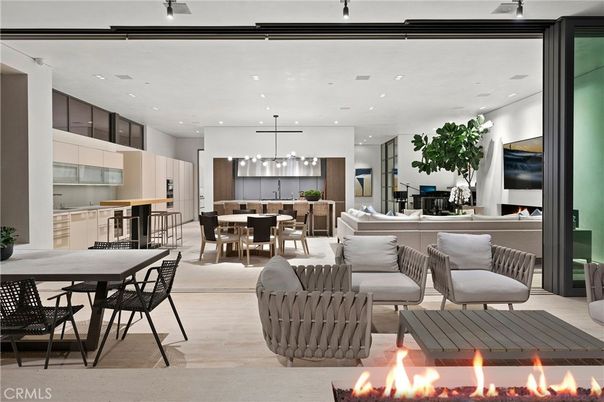 Dining room, Fireplace, Interior, Living room, Pendant Lights, Recessed Lighting, Wood Texture Flooring