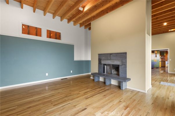 Empty room, Fireplace, Interior, Recessed Lighting, Wooden Beams, Wooden Ceilings, Wood Texture Flooring