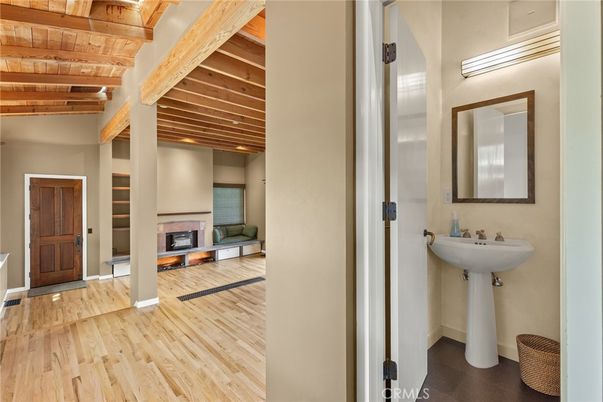 Bathroom, Fireplace, Interior, Wooden Beams, Wooden Ceilings, Wood Texture Flooring