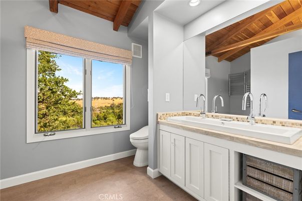 Bathroom, Dual Sink Vanities, Interior, Recessed Lighting, Wooden Beams, Wooden Ceilings