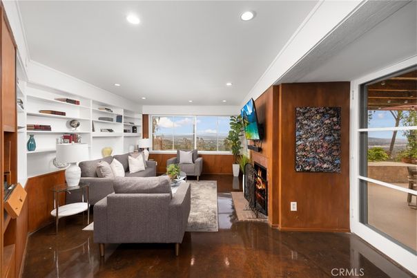 Fireplace, Interior, Living room, Recessed Lighting, Wood Texture Flooring, Wooden Walls