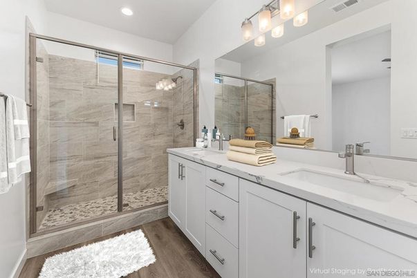 Bathroom, Dual Sink Vanities, Glass Shower, Interior, Recessed Lighting, Wood Texture Flooring