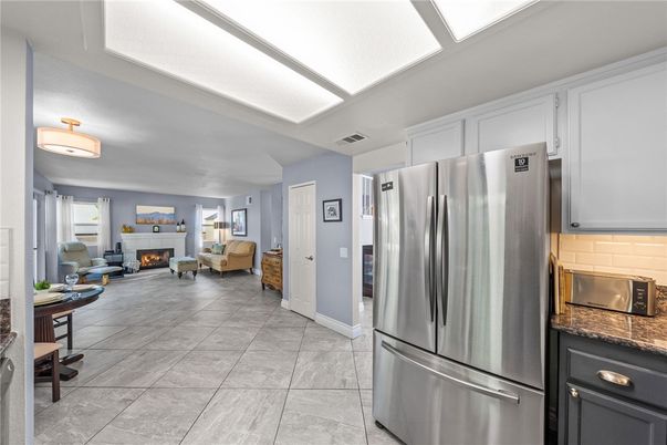 Fireplace, Interior, Kitchen, Living room, Stainless Steel Appliances