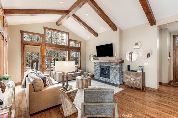 Fireplace, Interior, Living room, Recessed Lighting, Wooden Beams, Wood Texture Flooring