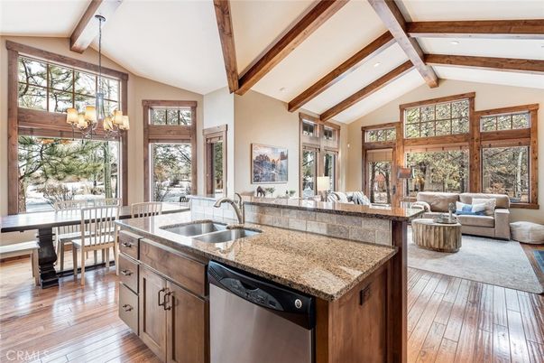 Chandelier, Dining room, Interior, Kitchen, Living room, Pendant Lights, Recessed Lighting, Wooden Beams, Wood Texture Flooring