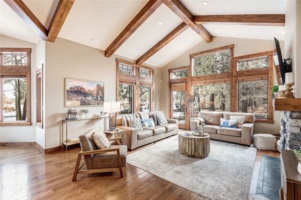 Fireplace, Interior, Living room, Recessed Lighting, Wooden Beams, Wood Texture Flooring