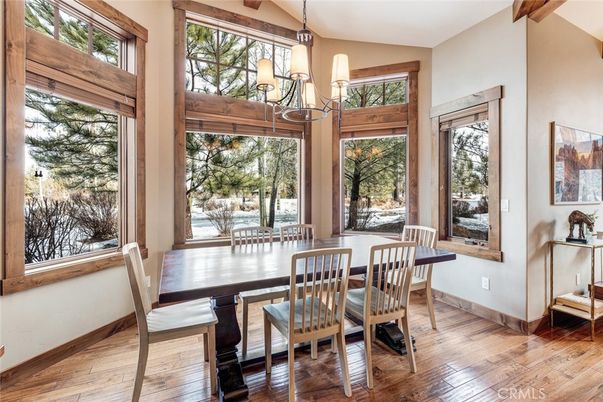 Chandelier, Dining room, Interior, Pendant Lights, Wooden Beams, Wood Texture Flooring