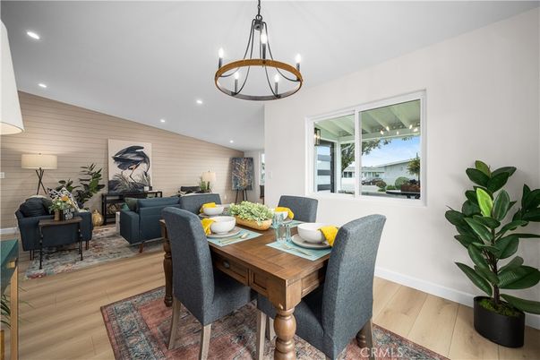 Dining room, Fireplace, Interior, Living room, Pendant Lights, Recessed Lighting, Wood Texture Flooring
