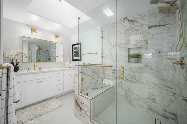 Bathroom, Dual Sink Vanities, Glass Shower, Interior, Marble Walls