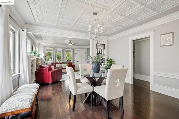 Dining room, Interior, Living room, Pendant Lights, Wood Texture Flooring