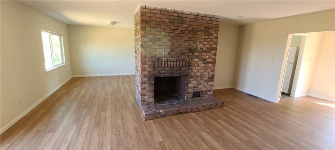 Empty room, Fireplace, Interior, Stone Walls, Wood Texture Flooring