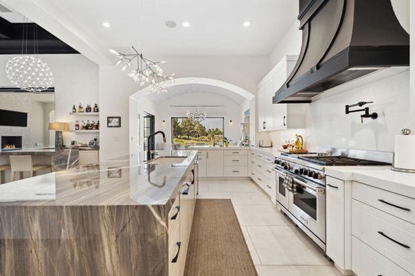 Fireplace, Interior, Kitchen, Pendant Lights, Recessed Lighting, Stainless Steel Appliances