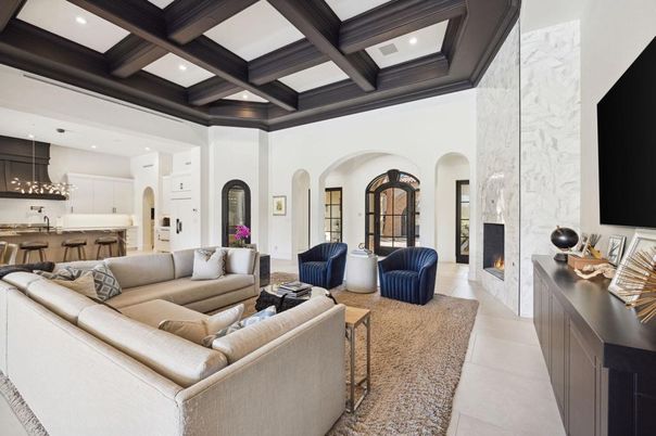 Fireplace, Interior, Kitchen, Living room, Pendant Lights, Recessed Lighting, Wooden Beams