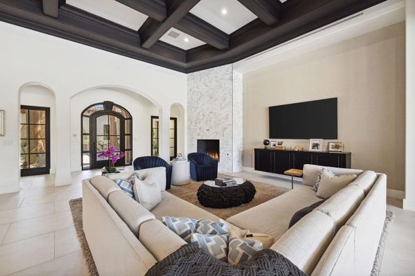 Fireplace, Interior, Living room, Recessed Lighting, Wooden Beams