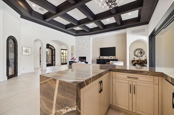 Fireplace, Interior, Living room, Recessed Lighting, Wooden Beams
