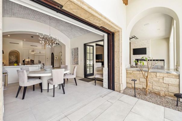 Dining room, Interior, Pendant Lights, Recessed Lighting, Stone Walls