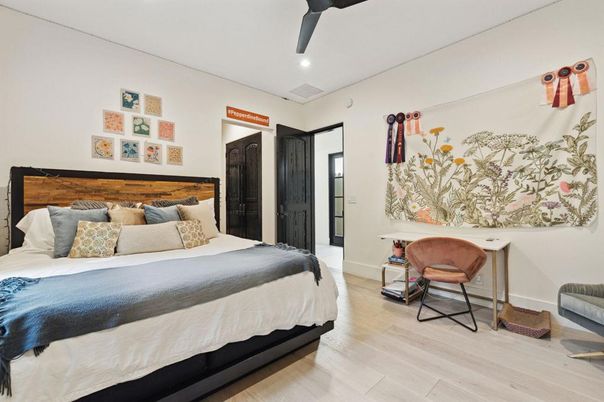 Bedroom, Interior, Recessed Lighting, Wood Texture Flooring