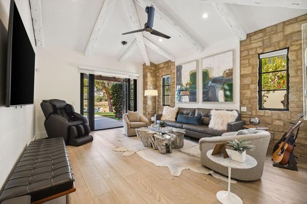 Interior, Living room, Recessed Lighting, Stone Walls, Wood Texture Flooring