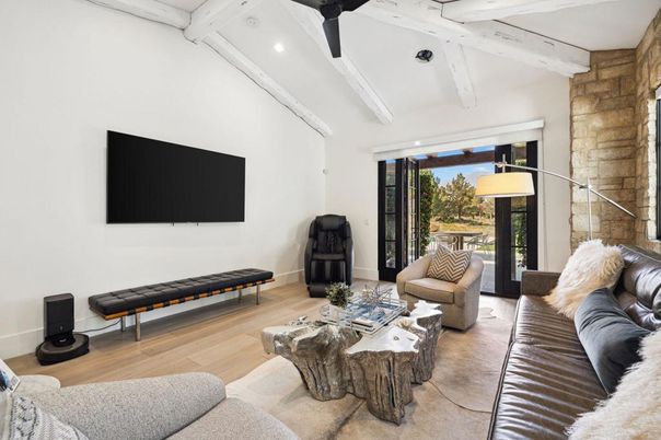 Interior, Living room, Recessed Lighting, Stone Walls, Wood Texture Flooring