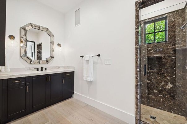 Bathroom, Dual Sink Vanities, Glass Shower, Interior, Wood Texture Flooring