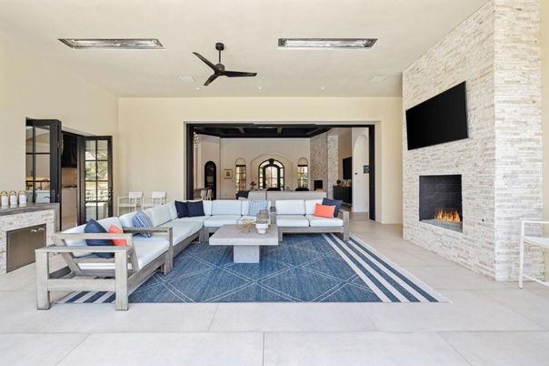Fireplace, Interior, Living room, Recessed Lighting, Stone Walls