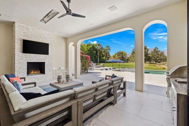 Fireplace, Interior, Living room, Recessed Lighting, Stone Walls