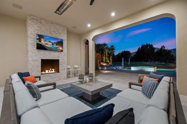 Exterior, Fireplace, Interior, Living room, Pool, Recessed Lighting, Stone Walls