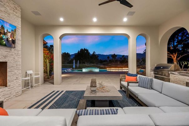 Exterior, Fireplace, Interior, Living room, Pool, Recessed Lighting, Stone Walls