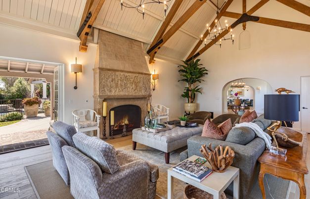Chandelier, Dining room, Fireplace, Interior, Living room, Pendant Lights, Wooden Beams, Wood Texture Flooring
