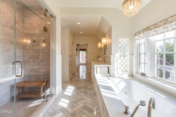 Bathroom, Chandelier, Glass Shower, Interior, Recessed Lighting