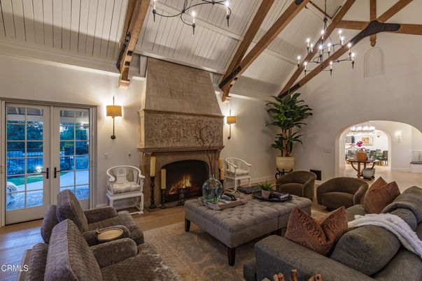 Chandelier, Fireplace, Interior, Living room, Wooden Beams, Wood Texture Flooring