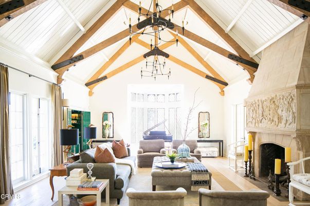Fireplace, Interior, Living room, Pendant Lights, Piano, Wooden Beams, Wood Texture Flooring