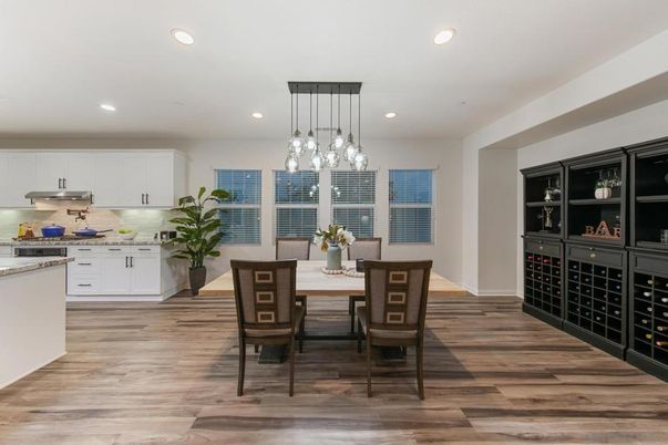 Dining room, Interior, Kitchen, Pendant Lights, Recessed Lighting, Wood Texture Flooring