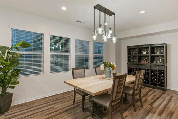 Dining room, Interior, Pendant Lights, Recessed Lighting, Wood Texture Flooring