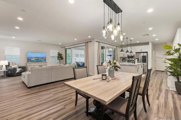 Dining room, Interior, Kitchen, Living room, Pendant Lights, Recessed Lighting, Stainless Steel Appliances, Wood Texture Flooring