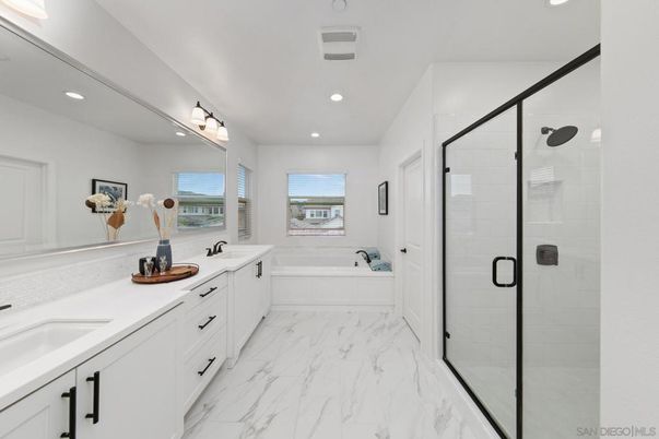 Bathroom, Dual Sink Vanities, Glass Shower, Interior, Marble, Recessed Lighting
