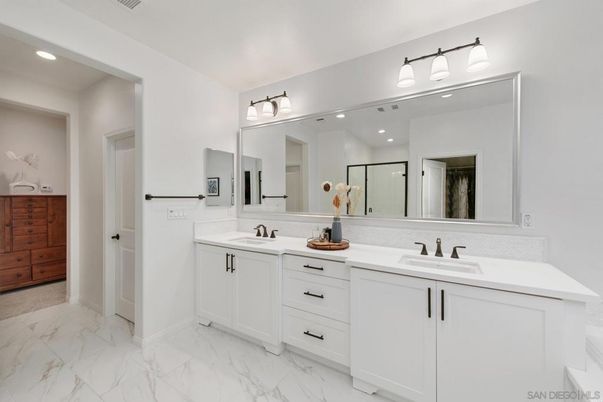 Bathroom, Dual Sink Vanities, Interior, Marble, Recessed Lighting