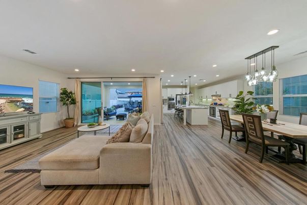 Dining room, Interior, Kitchen, Living room, Pendant Lights, Recessed Lighting, Stainless Steel Appliances, Wood Texture Flooring