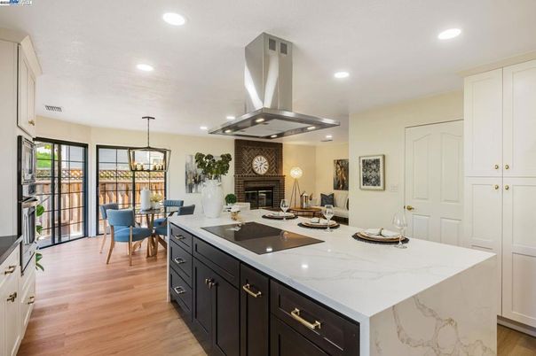 Dining room, Fireplace, Interior, Kitchen, Living room, Pendant Lights, Recessed Lighting, Wood Texture Flooring