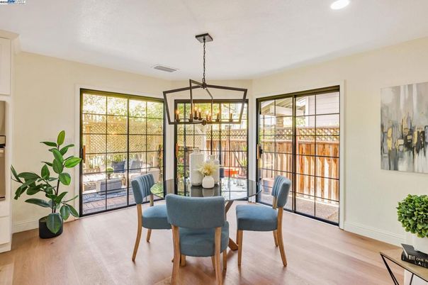 Dining room, Interior, Pendant Lights, Recessed Lighting, Wood Texture Flooring