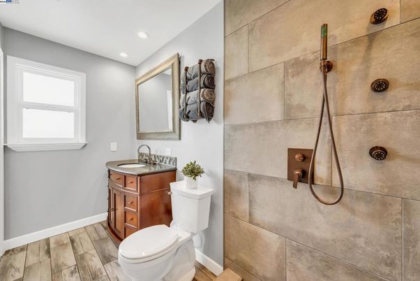 Bathroom, Interior, Recessed Lighting, Wood Texture Flooring
