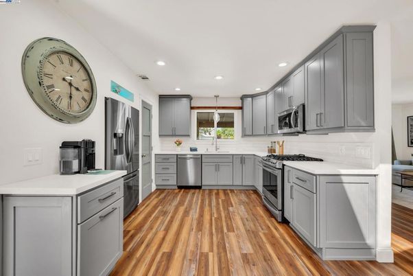 Interior, Kitchen, Recessed Lighting, Stainless Steel Appliances, Wood Texture Flooring
