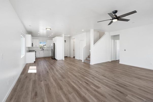 Empty room, Interior, Kitchen, Recessed Lighting, Wood Texture Flooring