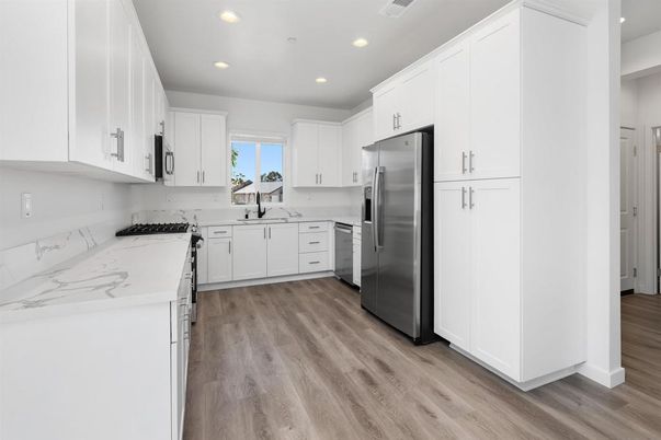 Interior, Kitchen, Recessed Lighting, Stainless Steel Appliances, Wood Texture Flooring