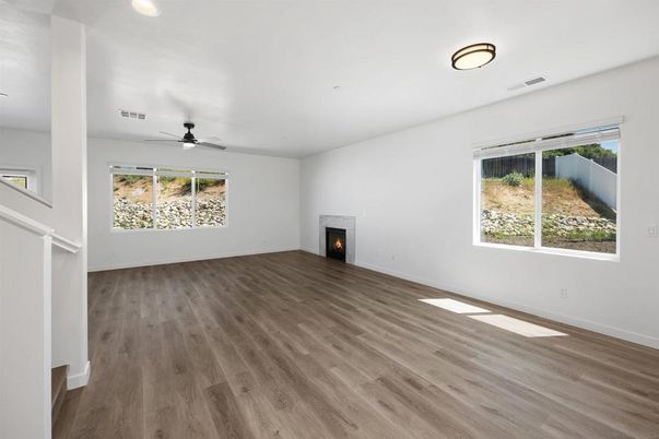 Empty room, Fireplace, Interior, Recessed Lighting, Wood Texture Flooring