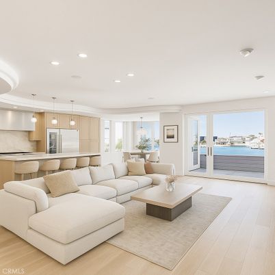 Interior, Kitchen, Living room, Pendant Lights, Recessed Lighting, Stainless Steel Appliances, Water, Wood Texture Flooring