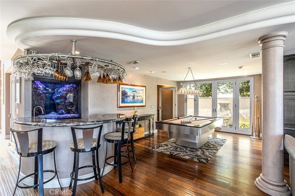 Billiard Table, Chandelier, Game Room, Interior, Recessed Lighting, Wood Texture Flooring