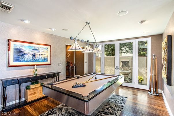 Billiard Table, Chandelier, Game Room, Interior, Recessed Lighting, Wood Texture Flooring