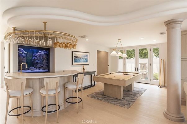 Billiard Table, Game Room, Interior, Pendant Lights, Recessed Lighting, Wood Texture Flooring